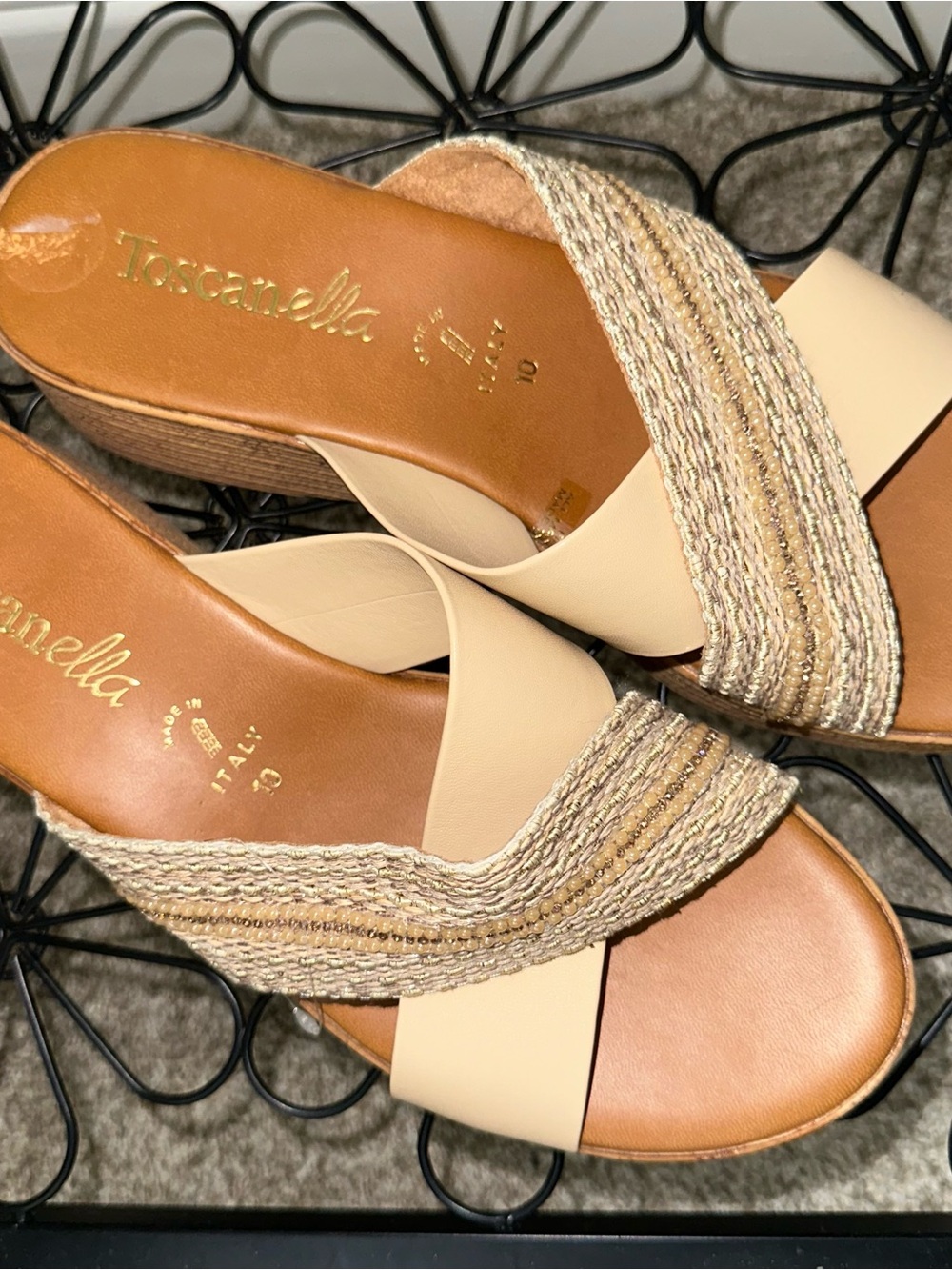 Toscanella Neutral Braided Crossband Slide Sandals Sz 10